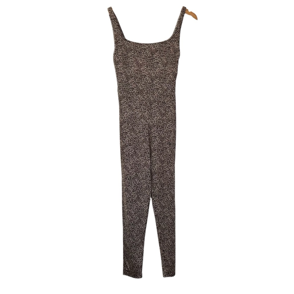 Evarae Womens Printed Skinny Leg Jumpsuit Sz Medium Black Tan Sleeveless Stretch